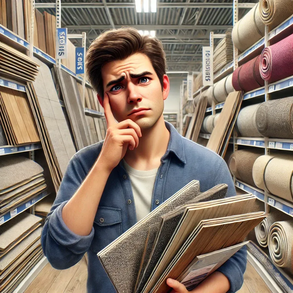 Confused man in a flooring showroom holding carpet and tile samples while considering options.