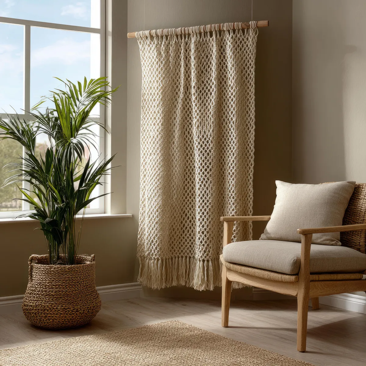 Bright living room with patterned hardwood parquet flooring, large grid windows, a red sofa, and indoor plants.