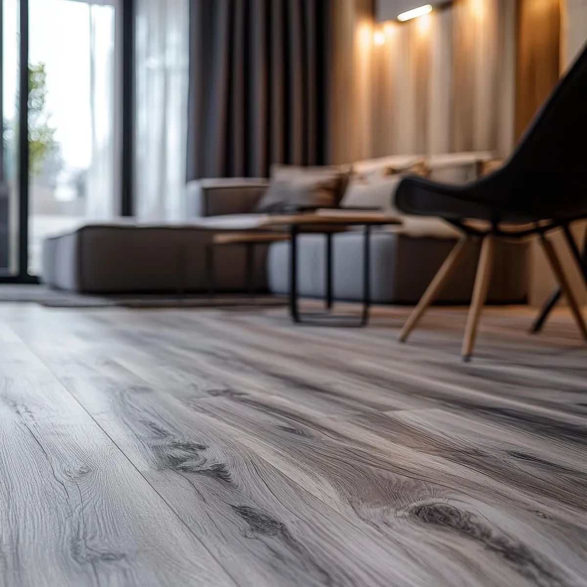 Bright living room with patterned hardwood parquet flooring, large grid windows, a red sofa, and indoor plants.