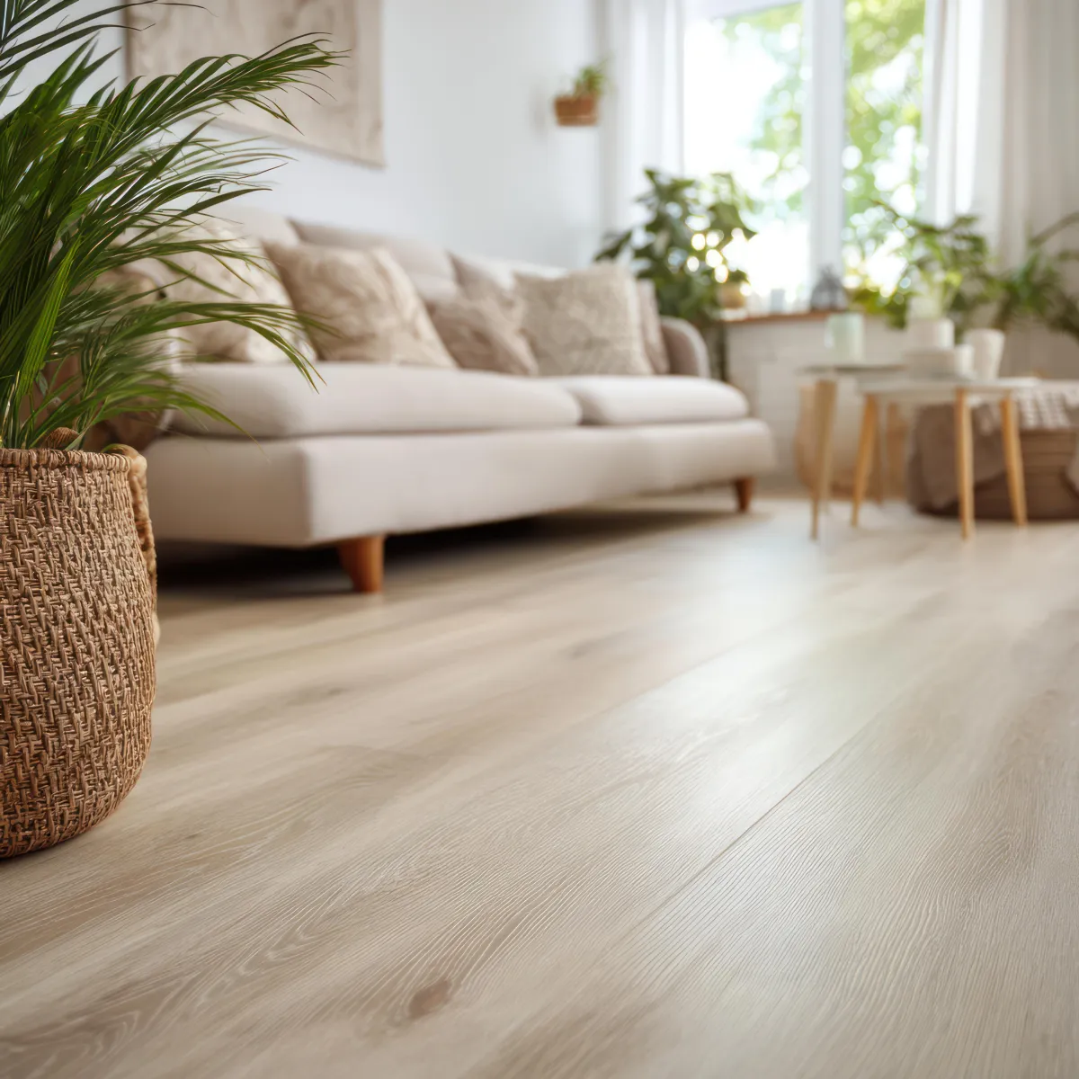 Bright living room with patterned hardwood parquet flooring, large grid windows, a red sofa, and indoor plants.