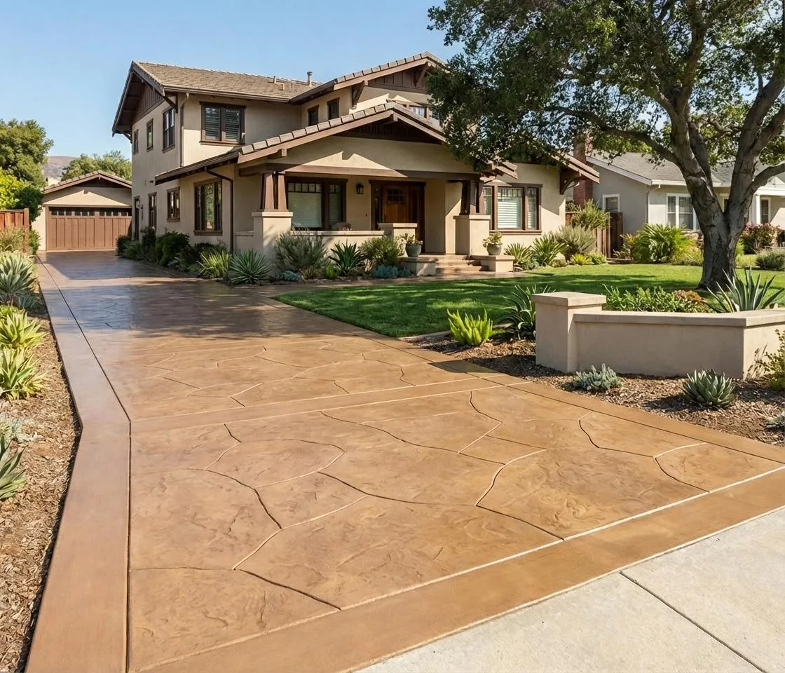 Stamped and colored concrete driveway installed by Resendiz M Construction in Santa Cruz County
