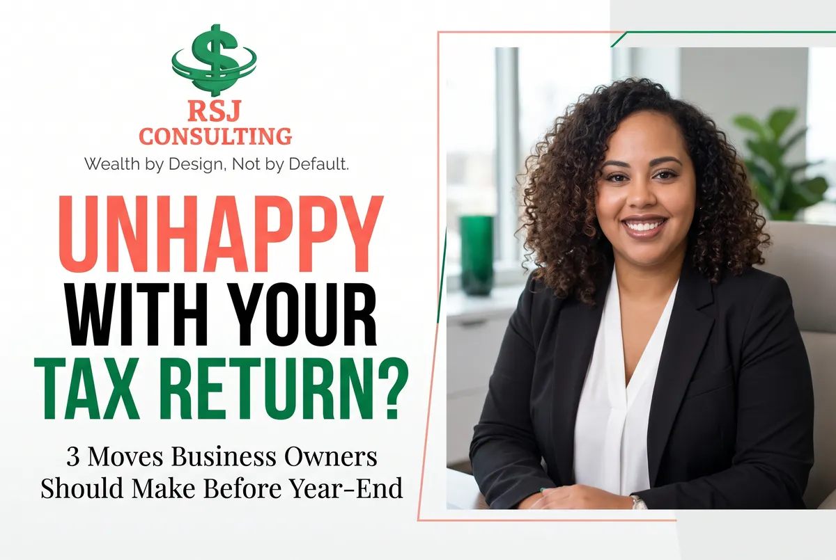RSJ Consulting Group blog cover featuring Nicole Johns and the headline “Unhappy With Your Tax Return? 3 Moves Business Owners Should Make Before Year-End.”