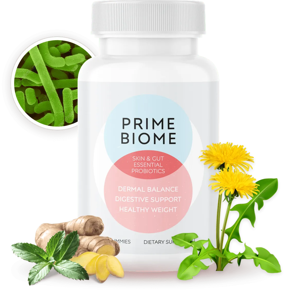 prime biome 1 bottle with ingredients in the background