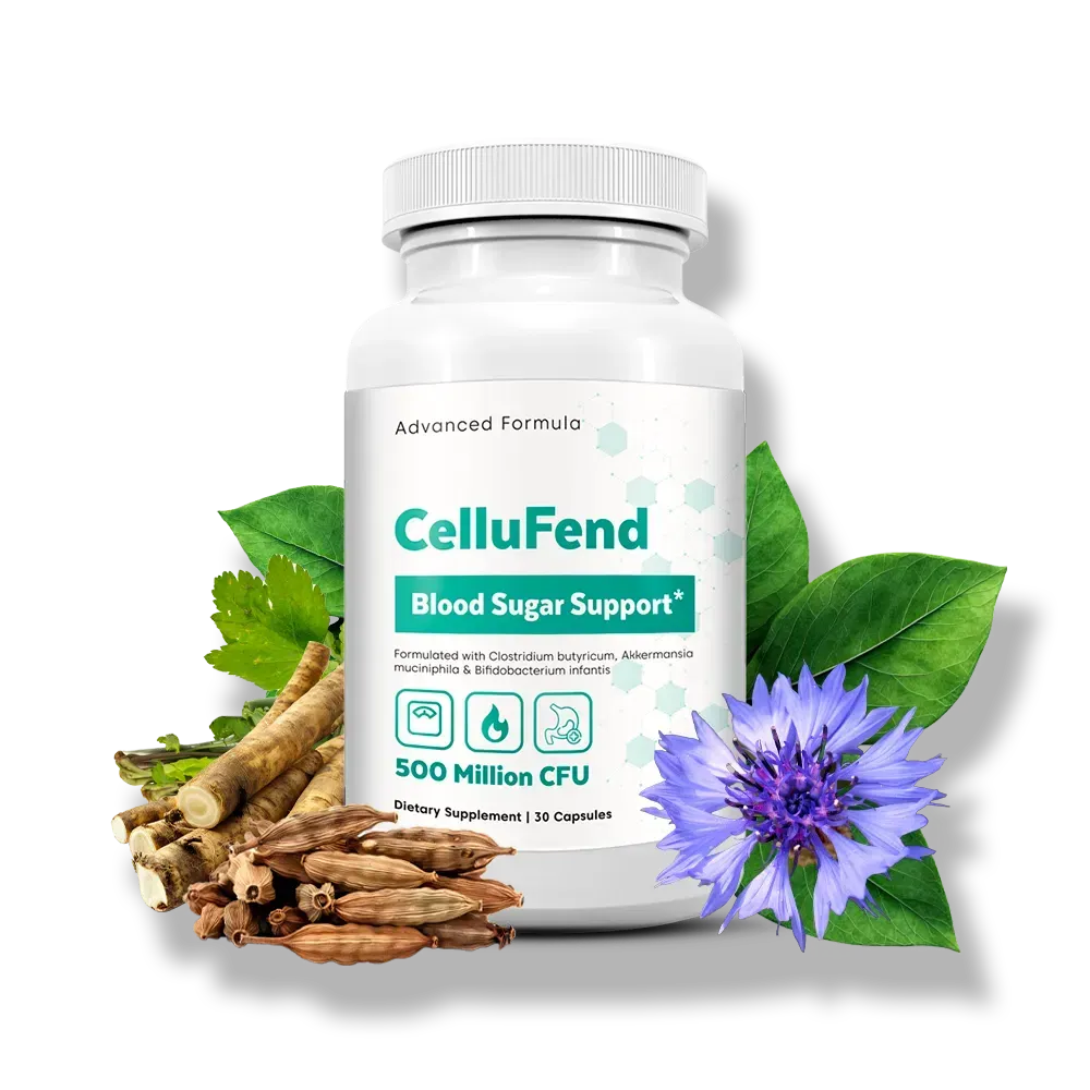 CelluFend 1 bottle with ingredients in background