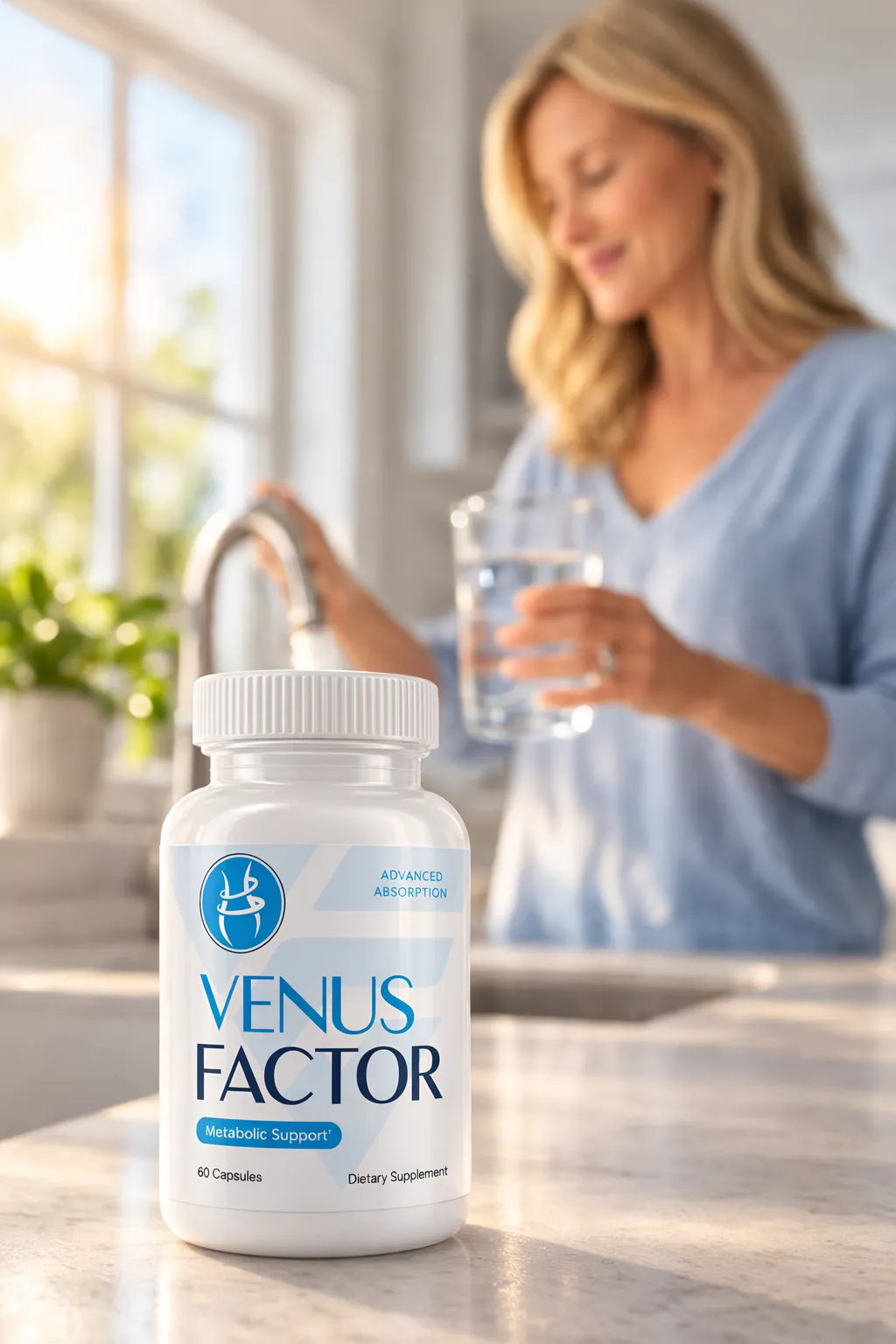 Venus Factor 1 bottle with girl in background 
