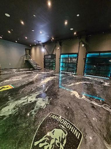 green white and black metallic epoxy flooring