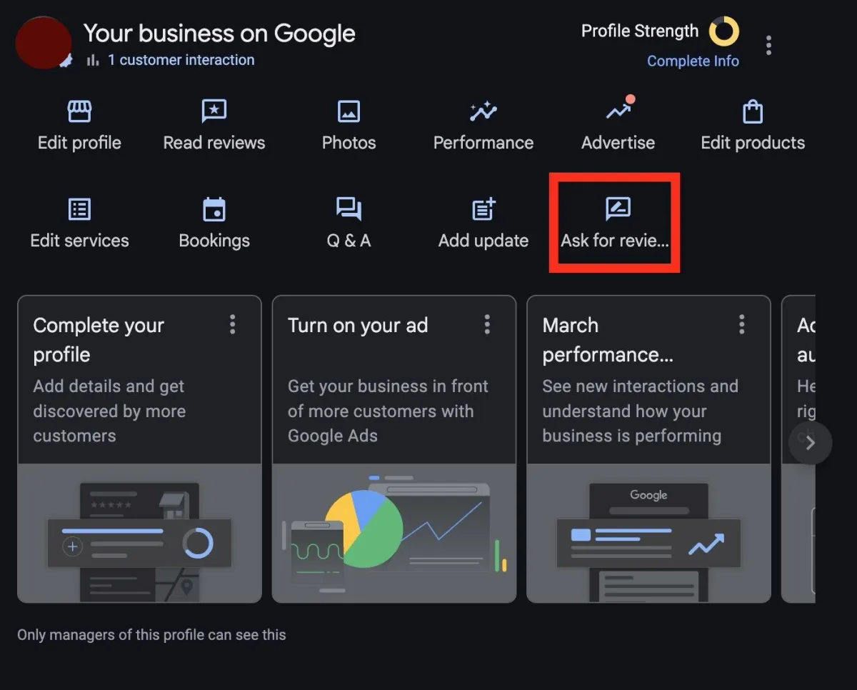 screen shot showing user clicking "ask for reviews" button in the google business profile