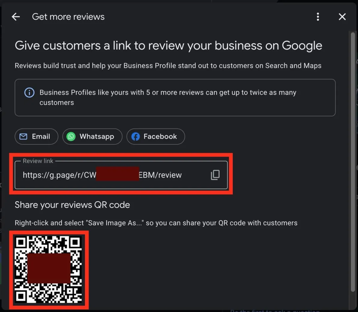 screen shot showing user copying the review link for their local business