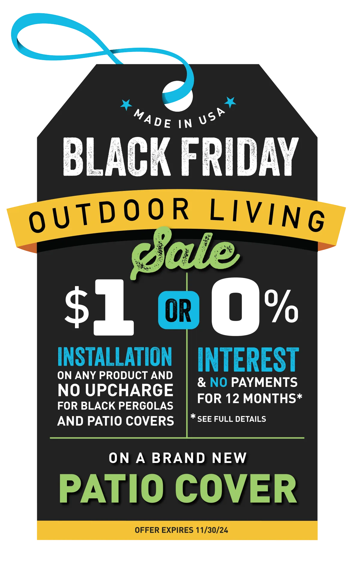 Made in USA Octoberfest Oasis Sales Event 10% off plus 25% off installation or 0% interest and no payments for 12 months* on a brand new Patio Cover. Offer expires 10/31/24 +*See Full Details