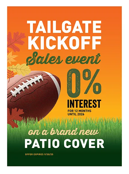 Made in USA Octoberfest Oasis Sales Event 10% off plus 25% off installation or 0% interest and no payments for 12 months* on a brand new Patio Cover. Offer expires 10/31/24 +*See Full Details