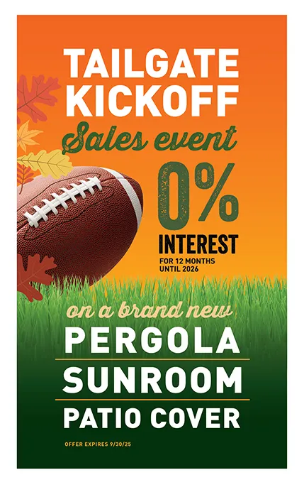 Made in USA Octoberfest Oasis Sales Event 10% off plus 25% off installation or 0% interest and no payments for 12 months* on a brand new Sunroom. Offer expires10/31/24 +*See Full Details