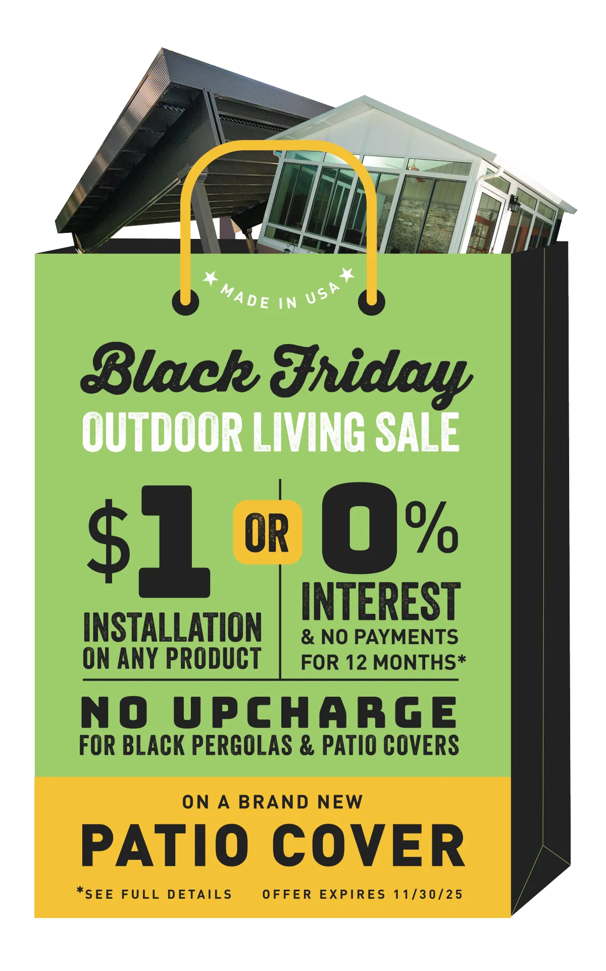 Made in USA Octoberfest Oasis Sales Event 10% off plus 25% off installation or 0% interest and no payments for 12 months* on a brand new Patio Cover. Offer expires 10/31/24 +*See Full Details