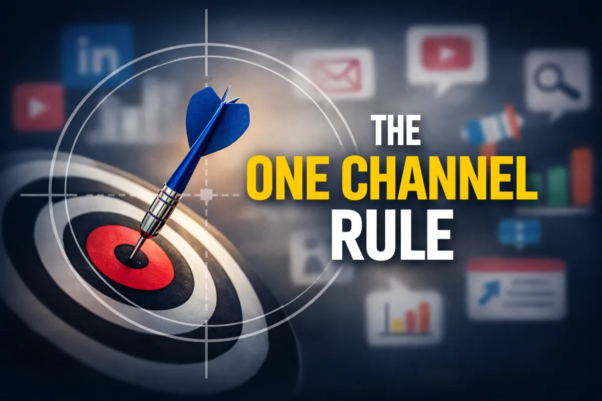 A blue dart hitting the bullseye of a target with the bold text “The One Channel Rule” beside it, symbolizing focused marketing strategy, with blurred digital marketing icons in the background.
