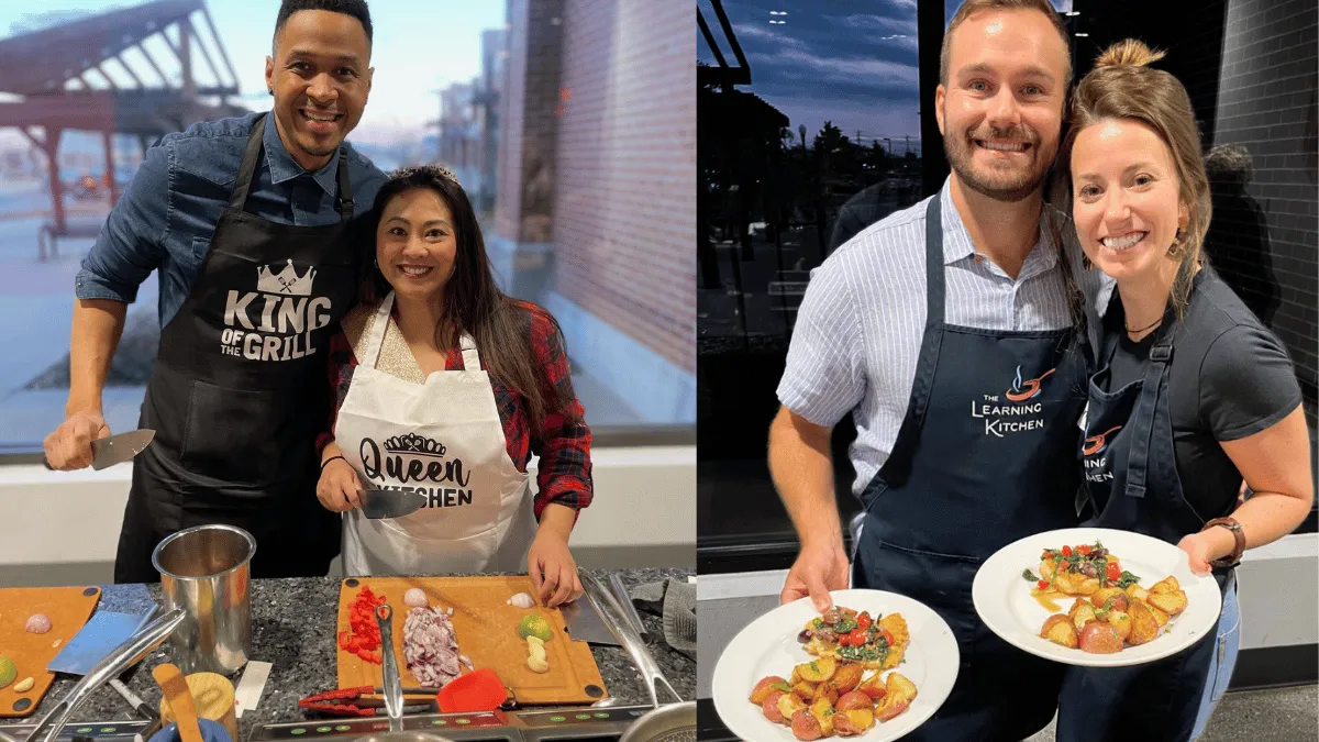 Couple enjoying date night cooking classes in Cincinnati at The Learning Kitchen