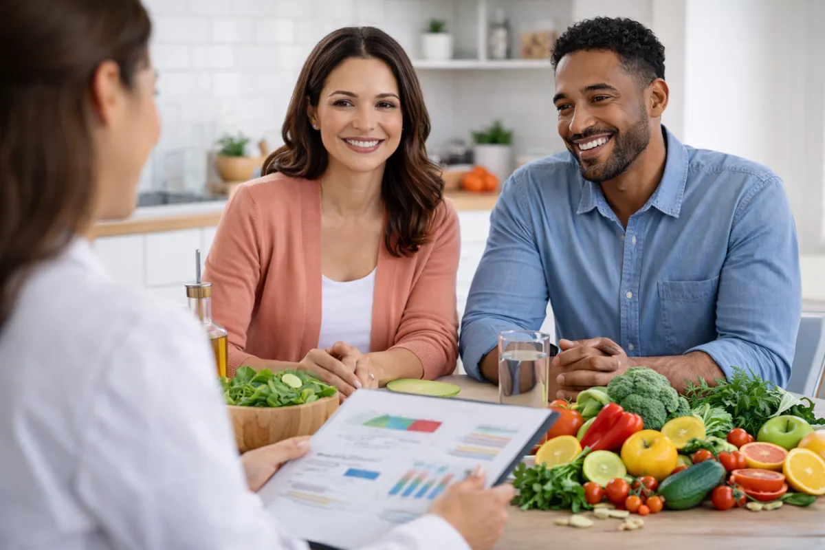 Couple meeting with a wellness coach or nutritionist to discuss personalized weight loss, healthy eating, and metabolic health with fresh fruits and vegetables on the table.