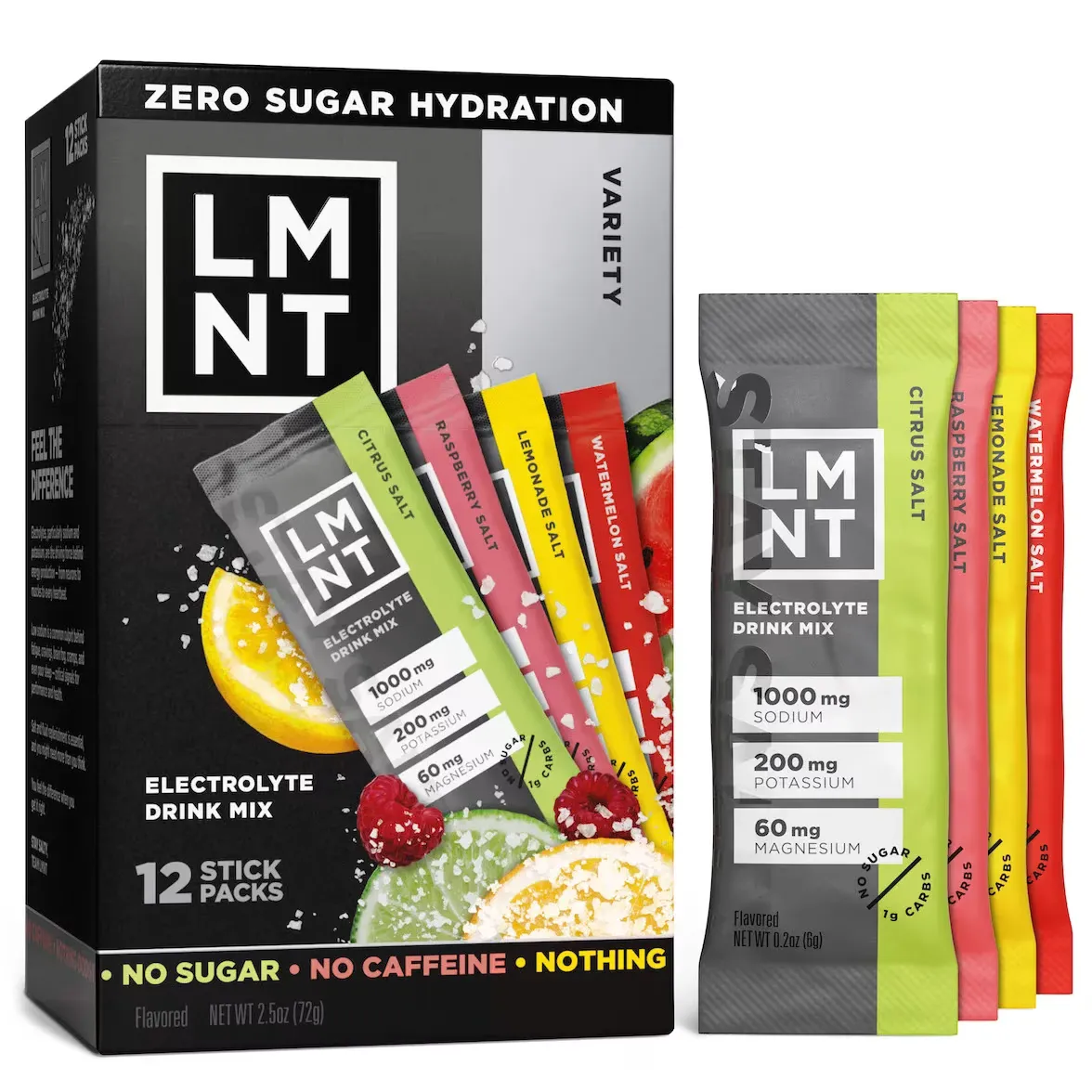 Box of LMNT electrolyte drink mix with "Zero Sugar Hydration" text. Four colorful sticks (green, pink, yellow, red) labeled citrus, raspberry, lemonade, and watermelon are visible.