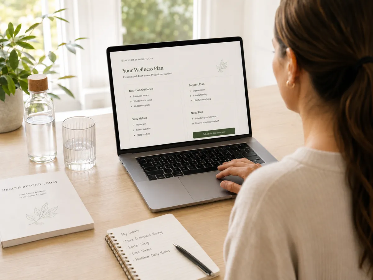 Woman attending online wellness coaching session from home using a laptop, representing virtual health consultation, personalized support, and healthy lifestyle guidance.