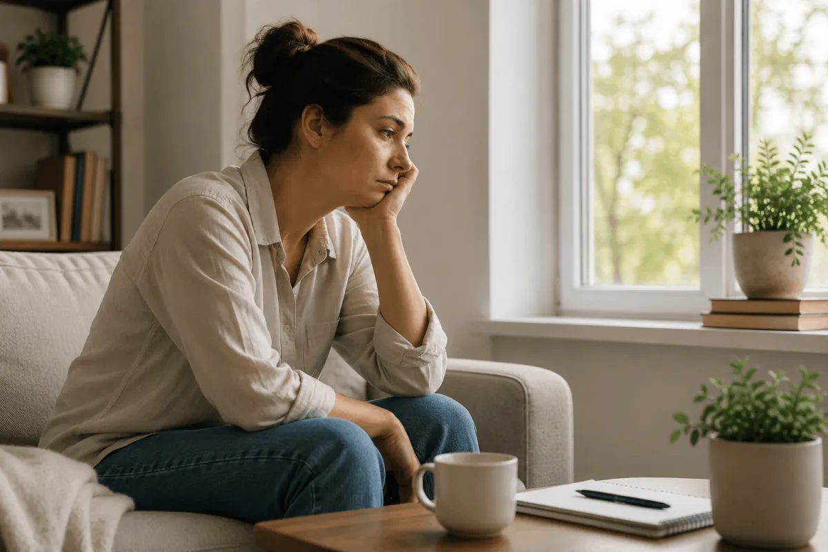 A woman sits on a couch, gazing out of a window, with natural light illuminating the room.
