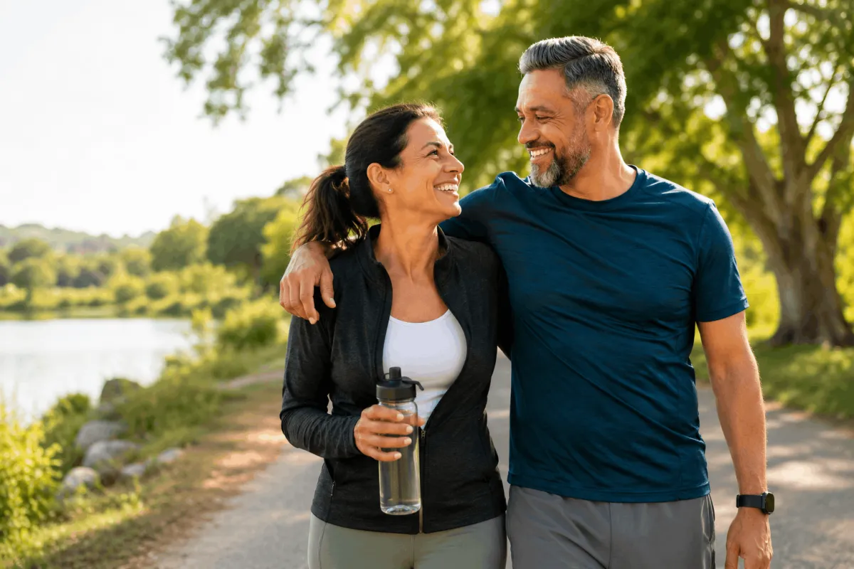 A couple walks hand in hand along a lakeside path, enjoying the serene view and natural surroundings.