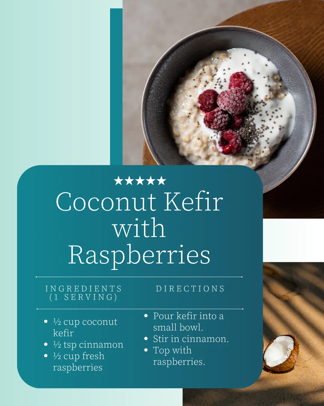 Bowl of coconut kefir with raspberries on top