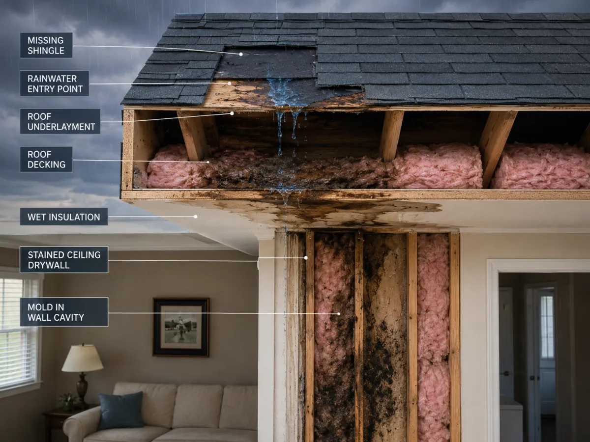Cutaway illustration of a missing roof shingle causing a leak, showing hidden internal water damage in the attic and ceiling—staining, wet insulation, and early rot.