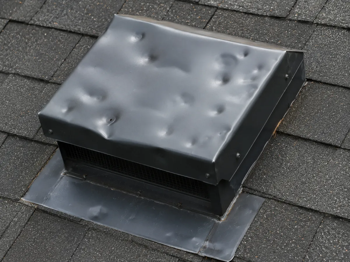 Dented metal roof vent from severe hail