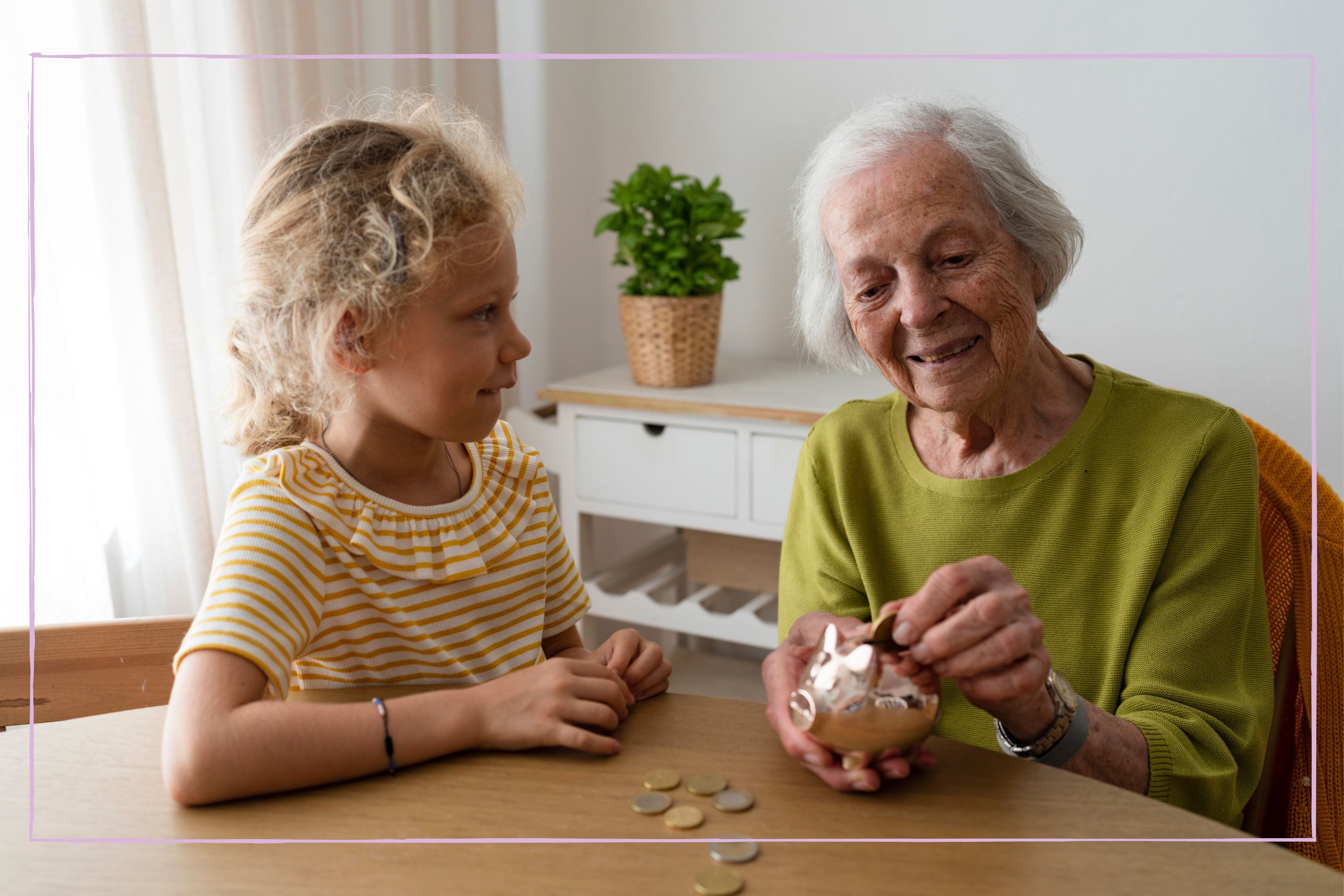 grandparents teaching grandchild saving money