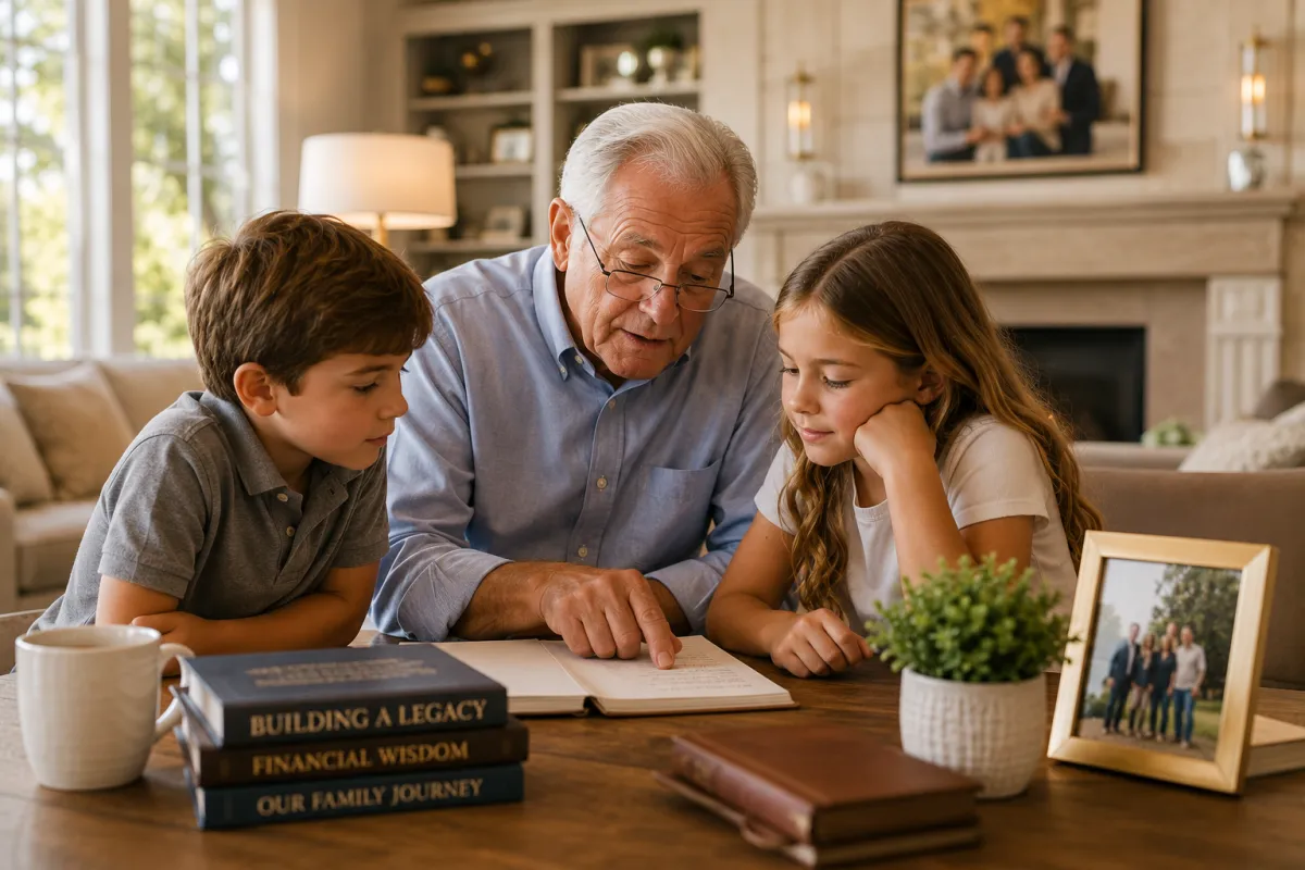 grandparents teaching grandchild saving money