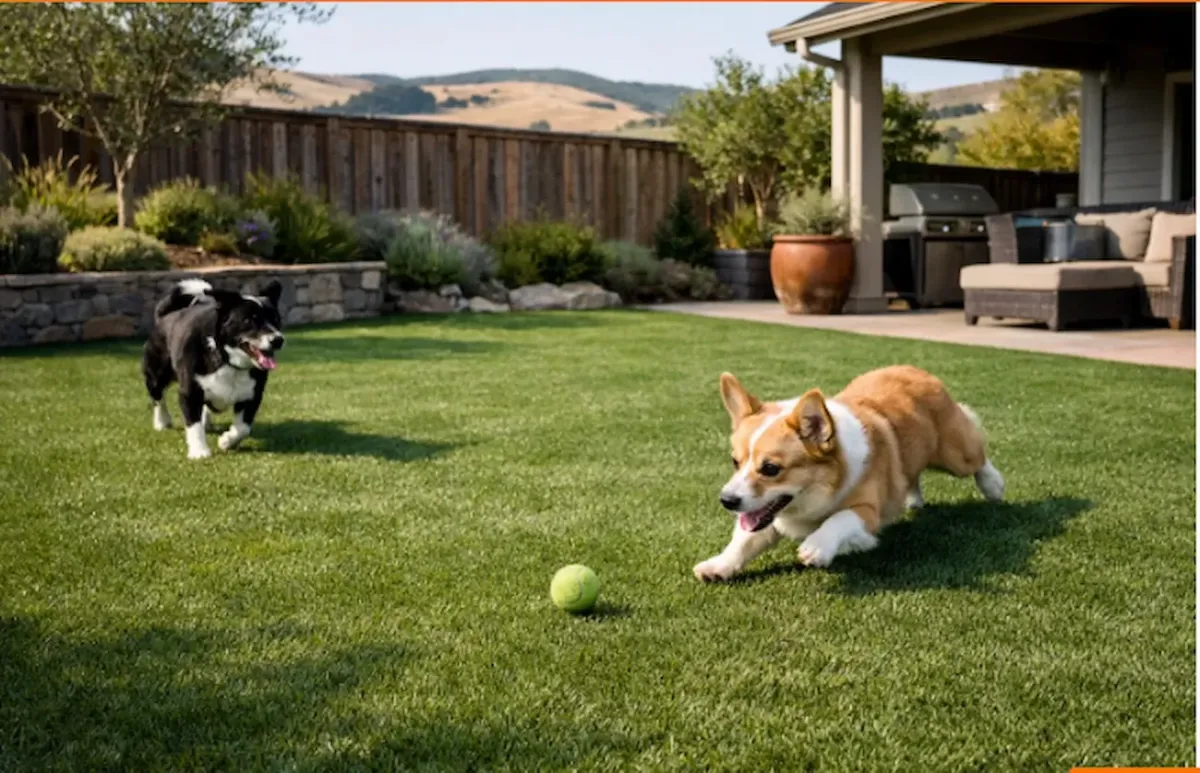Artificial grass for dogs in Petaluma CA backyard with dogs playing on pet-friendly turf