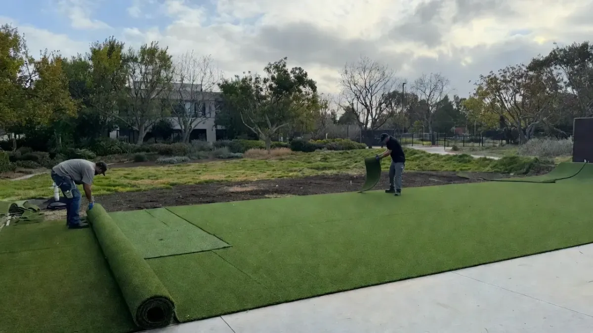 Commercial turf installation in Petaluma CA with synthetic grass being installed on a large outdoor property