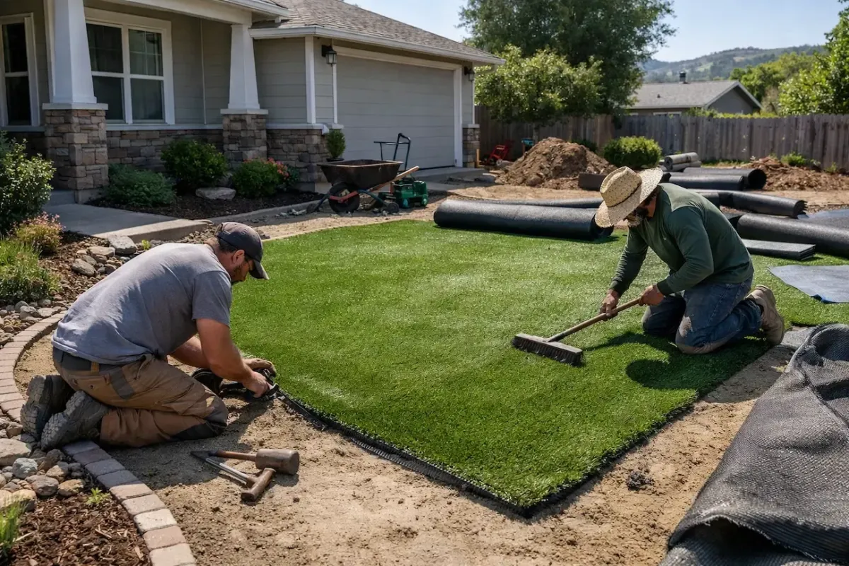 Lawn conversion services in Petaluma CA with synthetic turf replacing a natural grass yard