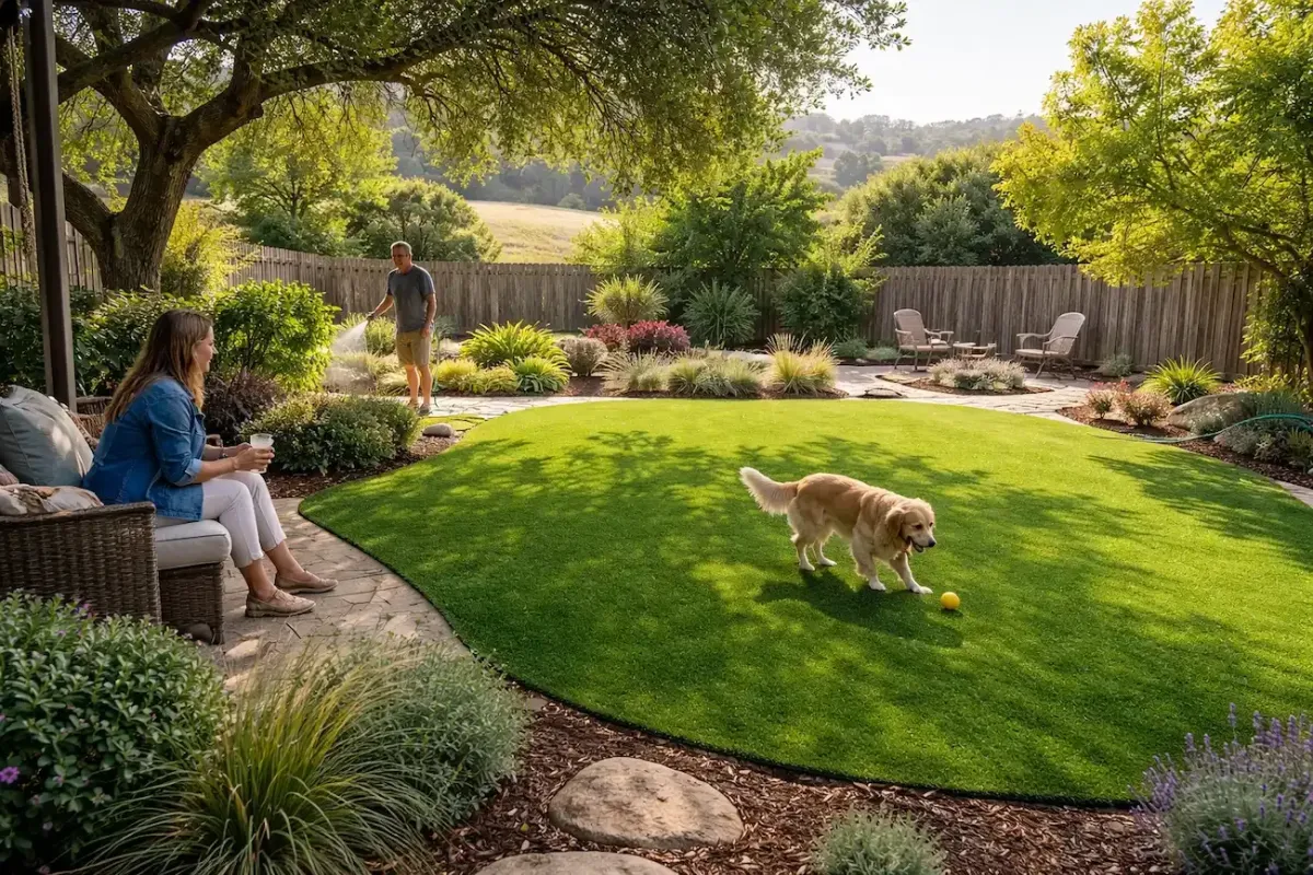 Synthetic turf installation in Petaluma CA backyard with family dog playing on artificial grass