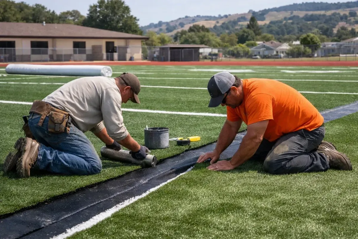 Sports field turf installation in Petaluma CA with crew installing synthetic athletic turf