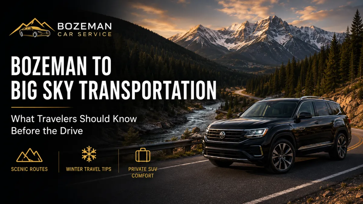 Black premium SUV on a scenic Montana mountain road for private Bozeman to Big Sky transportation.