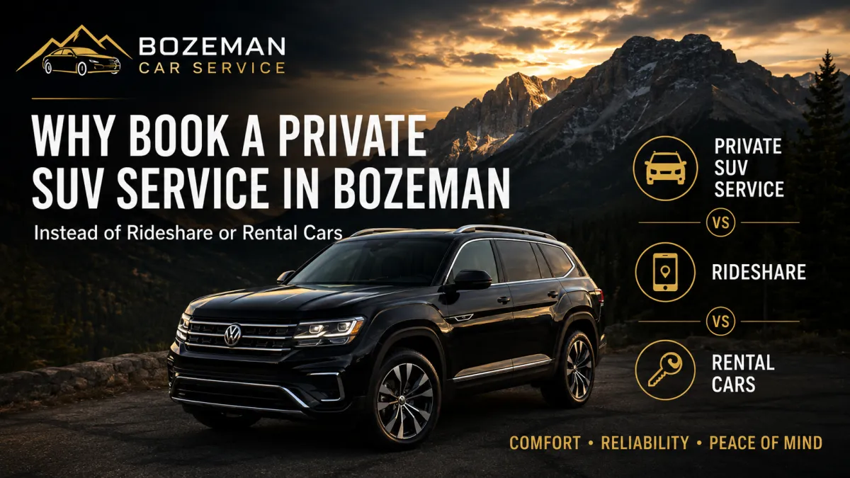 Black premium SUV in the Montana mountains comparing private SUV service, rideshare, and rental cars in Bozeman.