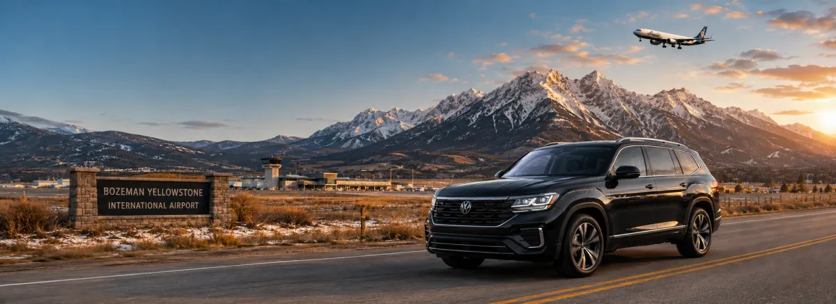 Black premium SUV for BZN airport transfers from Bozeman Yellowstone International Airport to Big Sky, Yellowstone, and Southwest Montana.