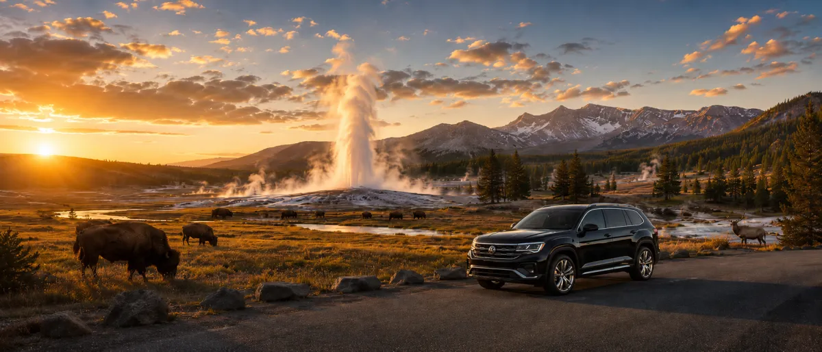 Private Yellowstone tour SUV near an erupting geyser with bison, elk, mountains, and golden-hour scenery outside Bozeman, Montana.