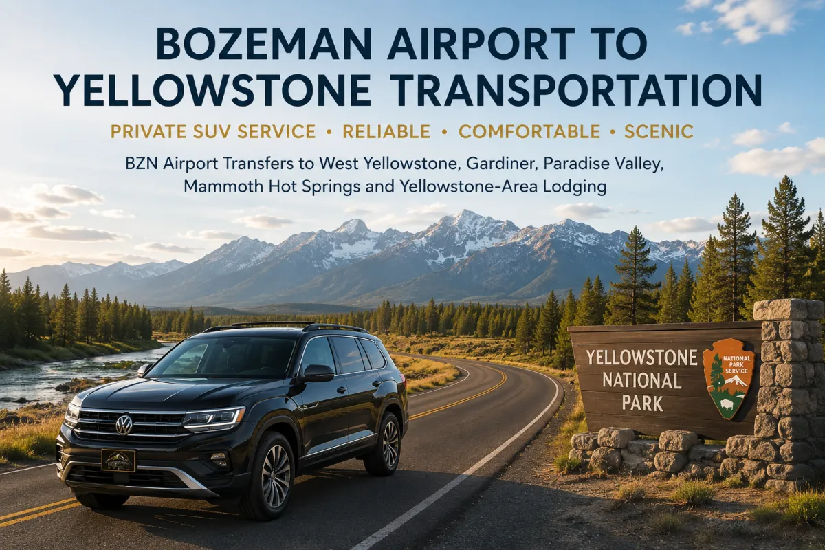 Private black SUV on a scenic road for Bozeman Airport to Yellowstone transportation, with mountains, forest, wildlife, and park-area views.