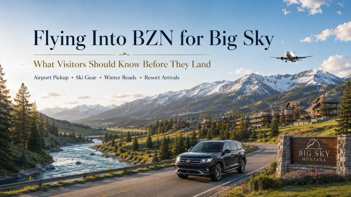 Private black SUV for BZN Airport to Big Sky travel with Montana mountains, resort scenery, luggage, and premium airport transportation.