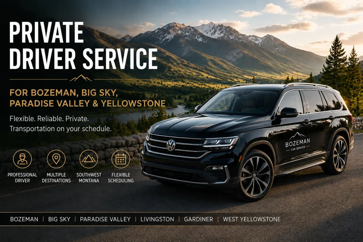 Private black SUV for hourly private driver service in Bozeman, Big Sky, Paradise Valley, Yellowstone, and nearby Montana destinations.