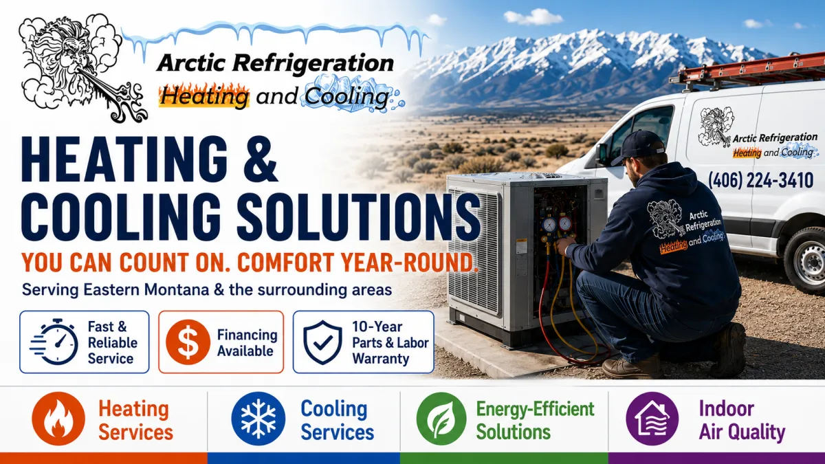 Heating and cooling service technician working on HVAC equipment for Arctic Refrigeration Heating and Cooling  HVAC technician servicing heating and cooling system in Eastern Montana  Arctic Refrigeration Heating and Cooling service van for heating and cooling repair  Heating and cooling service for homes and businesses in Eastern Montana