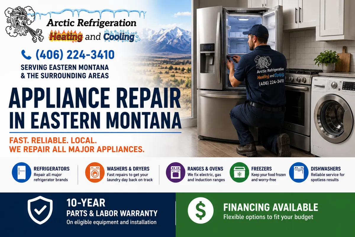 Arctic Refrigeration Heating and Cooling appliance repair service in Eastern Montana  Technician inspecting residential appliance equipment in Eastern Montana  Refrigerator and freezer repair for homes and businesses in Eastern Montana  Arctic Refrigeration Heating and Cooling appliance service technician
