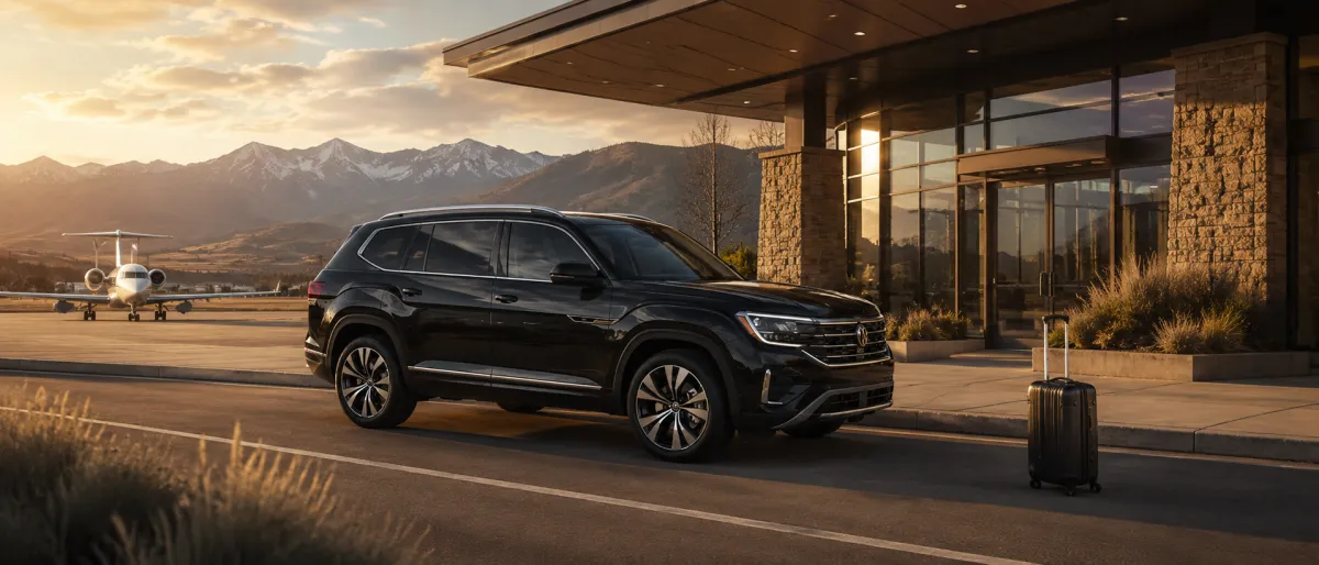 Black premium SUV for BZN airport transfers from Bozeman Yellowstone International Airport to Big Sky, Yellowstone, and Southwest Montana.