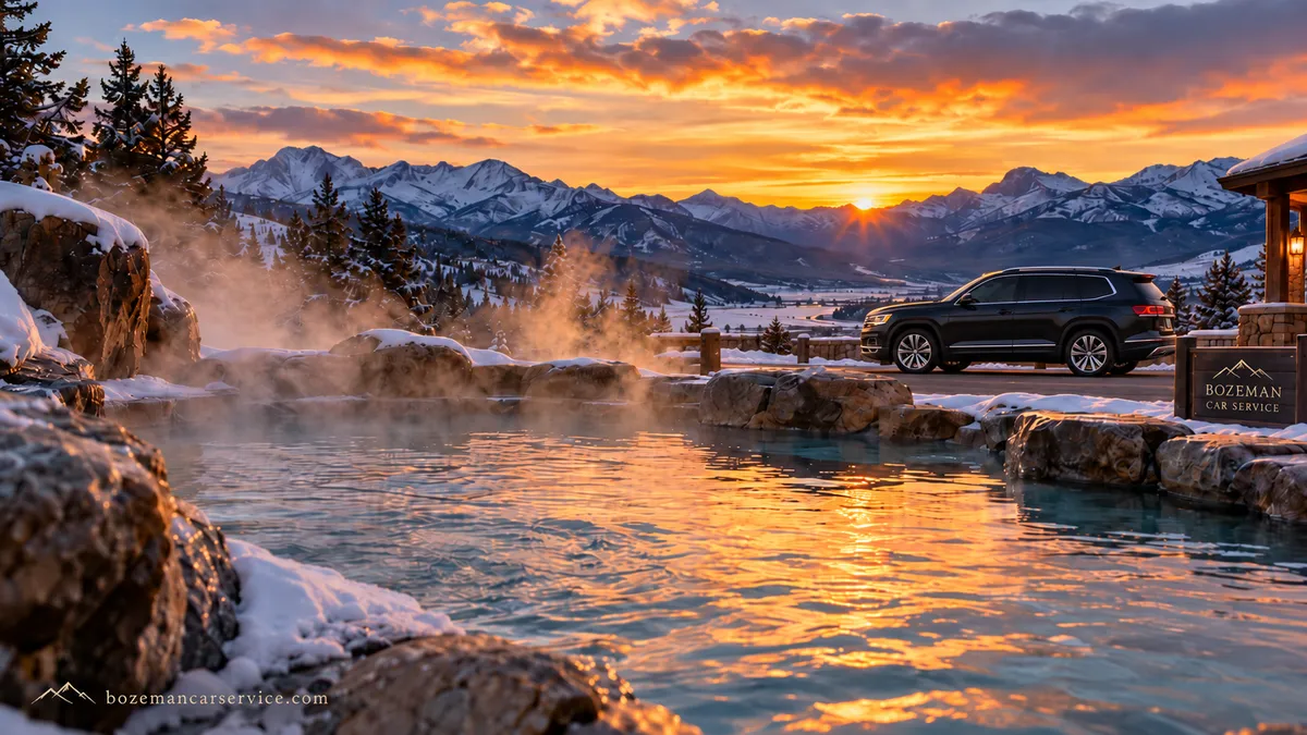 Bozeman Car Service private Montana hot springs tour with a premium SUV beside a steaming outdoor pool, snow-covered mountains and a winter sunset.