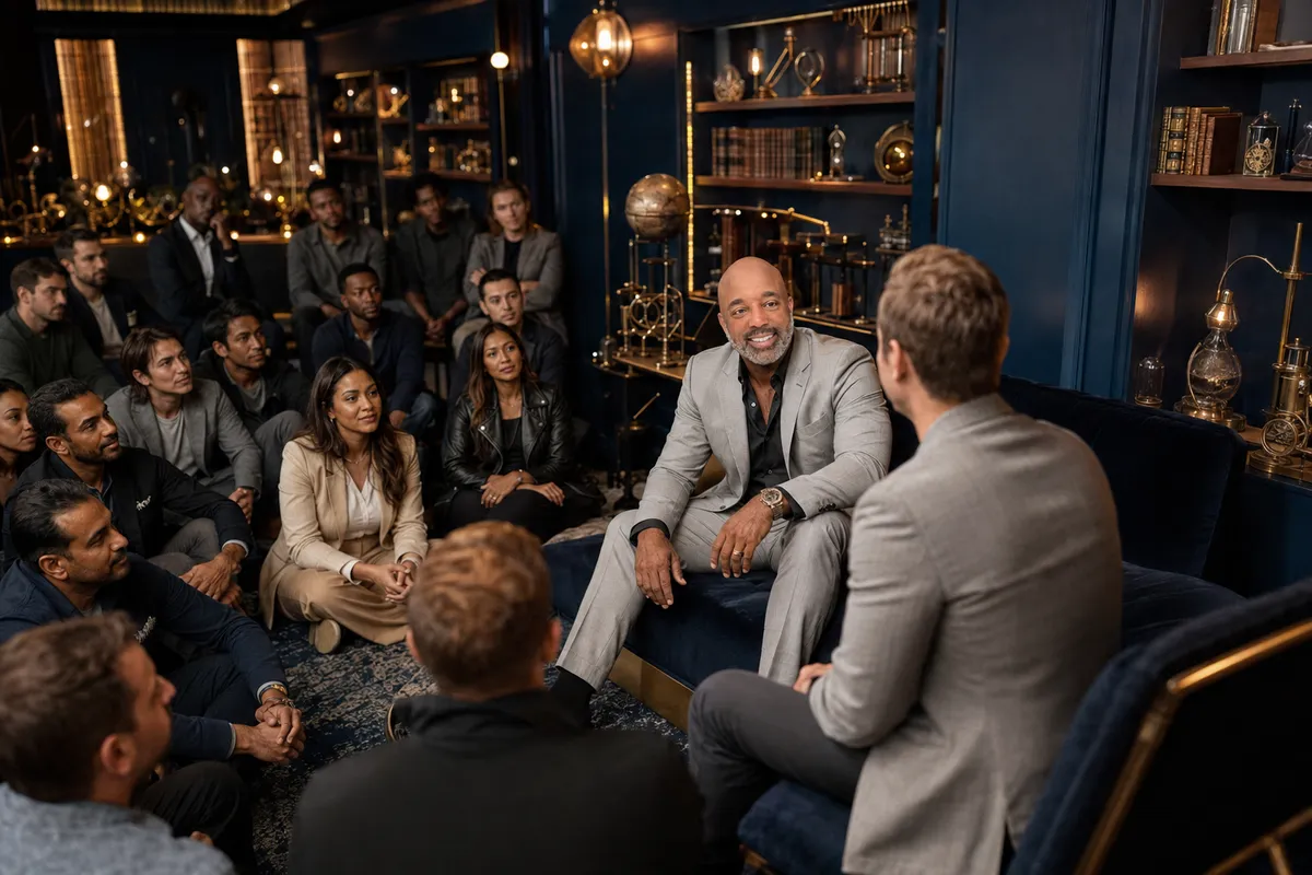 A seated conversation with an audience