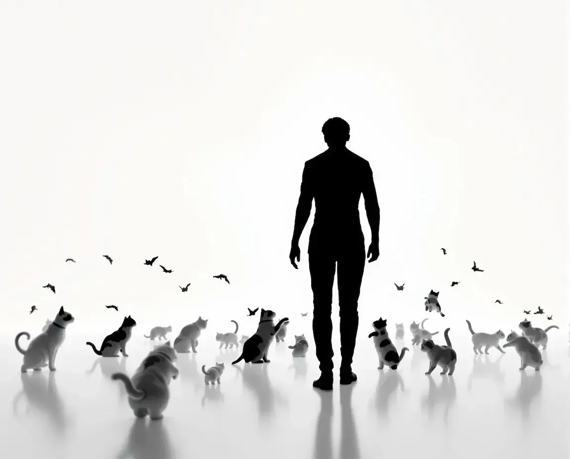 Silhouette of a person with multiple cats and birds above, illustrating business process automation and digital marketing solutions.