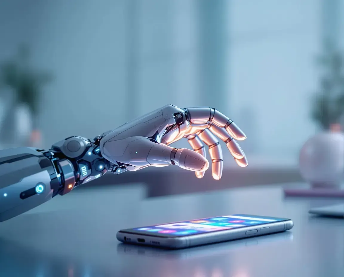 Robotic hand reaching for a smartphone on a table, symbolizing business process automation and digital marketing software solutions.