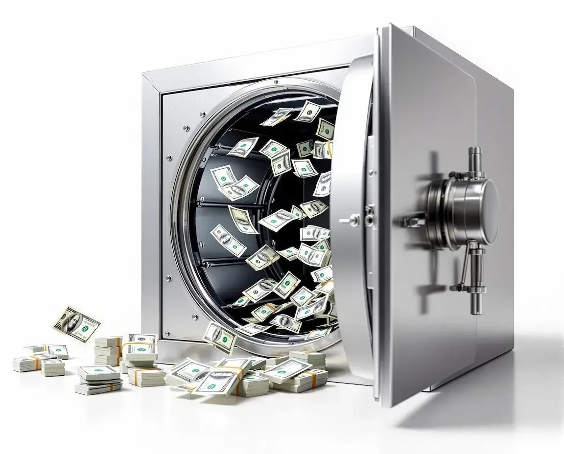 Open silver safe overflowing with U.S. dollar bills, symbolizing business process automation and marketing automation software success.