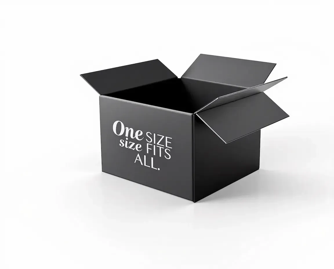 Open black cardboard box on a white background with "One size fits all" text, symbolizing scalable business process automation solutions.