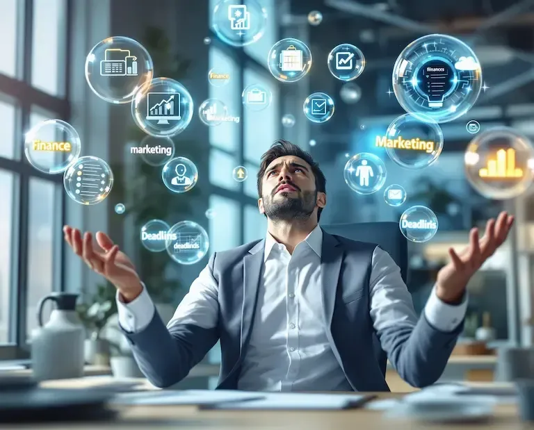 Business professional at desk with floating icons for finance, marketing, and deadlines highlights business process automation and CRM solutions.